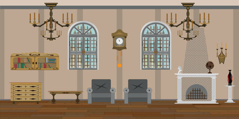 Wall Mural - Living room with chandelier, furniture, fireplace and windows in antique style