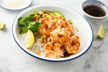 Wall Mural - Healthy shrimp poke with avocado