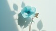 a single blue flower casts a shadow on a white wall with a shadow of a leaf on the side of the flower.