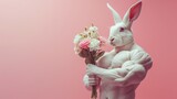Easter rabbit bodybuilder in with bouquet of flowers on pink sunny background, copy space. Sporty rabbit