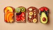 three slices of bread with fruit, nuts, and avocado on top of each slice are arranged in the shape of a slice.