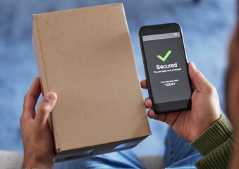 Sticker - Cardboard box label, phone screen or person hands with security check success, safety scan or export order verification. Tick, mail or home client with mobile app, retail delivery or shopping product