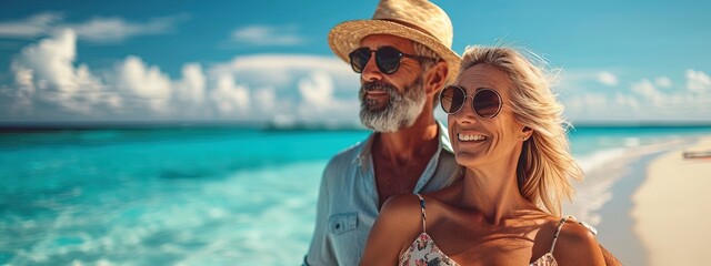 Happy beautiful mature couple relaxing on the beach near the ocean. Couple enjoying life and leisure at resort, related to travel, romance, beach vacations, and relaxation