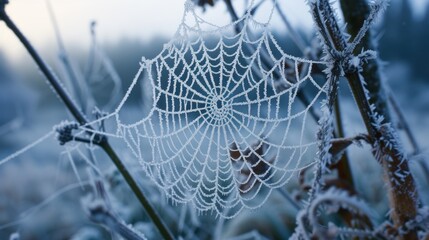 Wall Mural - a close up of a spider web on a plant with frost on the top of the spider web and the bottom of the spider web on the top of the spider web.