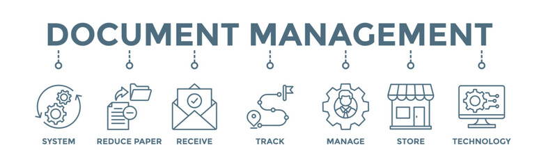 Document management banner web icon illustration concept with icon of system  reduce paper  receive  track  manage  store  cloud and technology