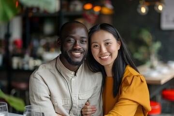 A positive multiracial couple sitting at a table in a café.