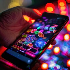 A gamer holding a mobile phone with online casino app interface, neon glowing