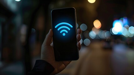 Poster - wi-fi signal icon on a phone screen held by a hand against a dark background.