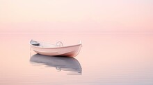 A Small Boat Floating On Top Of A Large Body Of Water With A Pink Sky In The Backround.