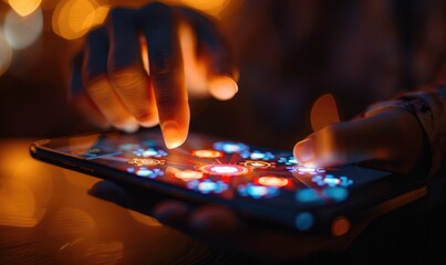 A gamer holding a mobile phone with online casino app interface, neon glowing