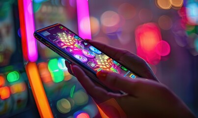 A gamer holding a mobile phone with online casino app interface, neon glowing