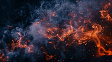Poster - Smoke fumes at the edges with fiery particles and sparks against a dark background. Copy space.