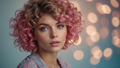 Beautiful young caucasian woman with short curly bob hairstyle dyed in pink color with closed eyes against dark blue background with copy space.