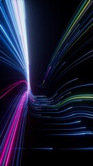 Wall Mural - Abstract black vertical video with pink and blue neon glowing lines that move into the distance, curve and fade away. 3d render motion speed of light and hypertunnel. Movement from down to up.