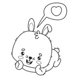Fototapeta  - Funny outline enamored lying rabbit with heart. Cute happy kawaii animal character. Vector illustration. Line drawing, coloring book. Kids collection