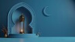Islamic decoration background with lantern and crescent moon luxury style, ramadan kareem, mawlid, iftar, isra miraj, eid al fitr adha, muharram, copy space text area, 3D illustration. Generative Ai