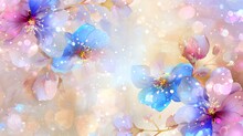 Luxurious Golden Wallpaper. Banner With Flowers. Watercolor Pink, Blue, Lilac Spots On A White Background. Shiny Flowers And Twigs. Generative Ai