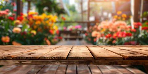 Wall Mural - Empty wooden table in front spring  flowers blurred background banner for product display in a coffee shop, local market or bar