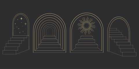 Wall Mural - golden thin line arch frame door stairs, sun and stars, mystic portal, astrology border, decoration,