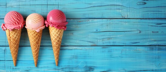 Three tasty sweet ice cream cones over wooden blue background. Generated AI image