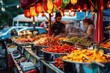 Street food market filled with colorful stalls offering an array of international cuisines, from sizzling kebabs to steaming dumplings.