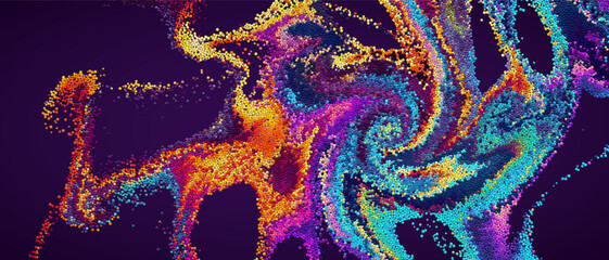 Wall Mural - Beautiful chaotic colorful rainbow dynamic particles flowing and swirling in liquid flow. Trendy creative dreamy fluid cover art design for banner, flyer, poster. Mixing particles. Vector illustration