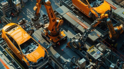 Poster - Top-down view  robots with car body on production line 
