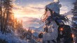 Anime girl enjoying winter wonderland: a beautiful illustration of a young female character in a snowy landscape with soft colors and bright light
