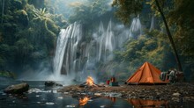 Waterfall Camp Landscape With Beautiful Equipment, Tent, 