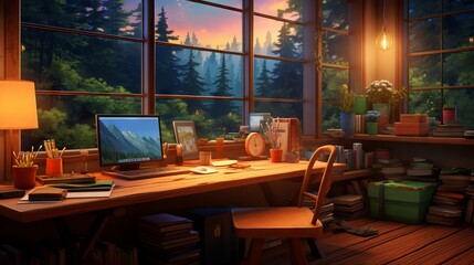 Anime inspired lofi interior: a cozy desk with hip-hop lights and manga vibes overlooking the forest