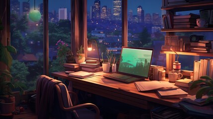 Anime inspired lofi interior: a cozy desk with hip-hop lights and manga vibes overlooking the forest