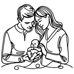 Continuous one black line art drawing parents with newborn baby doodles outline style vector illustration on white background