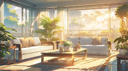 Minimalist and cozy living room with anime-style illustration - bright and muted colors, natural light, and modern furniture