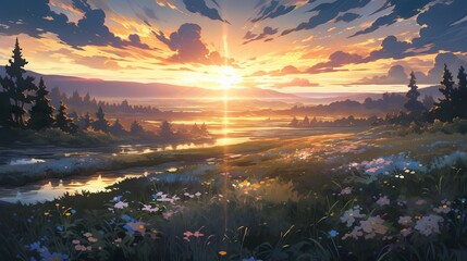Wall Mural - anime-style illustration of a colorful sunset with moonlight and dramatic shadows