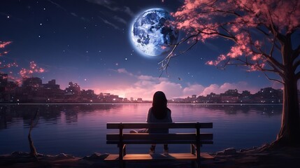 Wall Mural - Cute anime girl admiring the moonlit night by the lake in a Japanese city with cherry blossoms