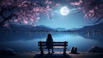 Cute anime girl admiring the moonlit night by the lake in a Japanese city with cherry blossoms