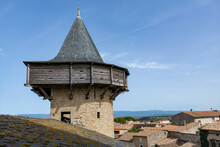 View Of One Of The Towers With Wooden Roof Of The City Of Carcassonne, France, A Medieval Fortress From Gallo-Roman Period And Part Of UNESCO List Of World Heritage Sites