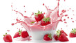 milk or yogurt splash with strawberries isolated on transparent background