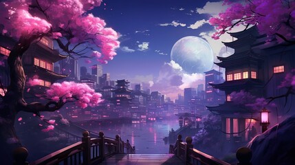 Wall Mural - Night view of a fantasy Japanese cityscape with neon lights, skyscrapers, and cherry blossom trees