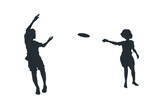 Fototapeta Dinusie - Children playing frisbee. Black isolated silhouette of kids relaxing outdoors. Happy childhood scene. Park summer activity. Girl and boy with disc