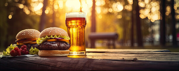 Beef Burger with two glass beer  on wooden table