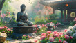 statue of buddha in floral garden 
