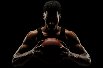 Wall Mural - Basketball player holding a ball against black background. Serious concentrated african american man.