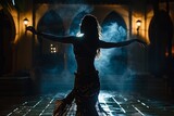 An exotic belly dancer showcases her art in a mystical oriental palace setting, with intricate costume details highlighted.