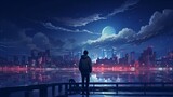 Fototapeta  - Sad and beautiful: a nighttime scene of a person contemplating life in front of a lofi manga city