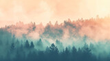 Fototapeta  - Foggy forest landscape with a hint of sunlight breaking through the trees. The image is soft and ethereal, with a dreamlike quality.