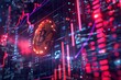 all time high of bitcoin price is coming right after the halving process, night street of dystopic future city with big bitcoin red glowing sign