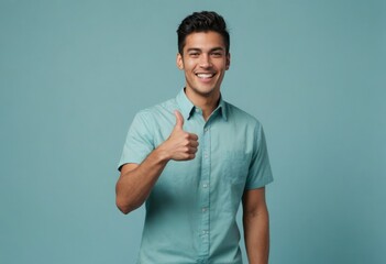 Canvas Print - Young man in light blue shirt with a beaming smile giving a thumbs up. Blue background.