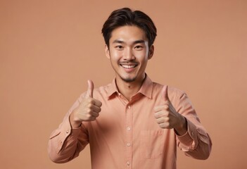 Wall Mural - A smiling man with a friendly face in a peach shirt giving two thumbs up, his expression denotes enthusiasm and positivity.