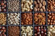 Different types of nuts, nut mix of almonds, hazelnuts, cashews, peanuts on a wooden board. top view
